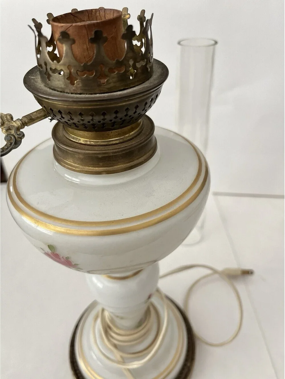 Mid-Century Vintage Kerosene Oil Lamp Porcelain Floral White Base Glass Chimney